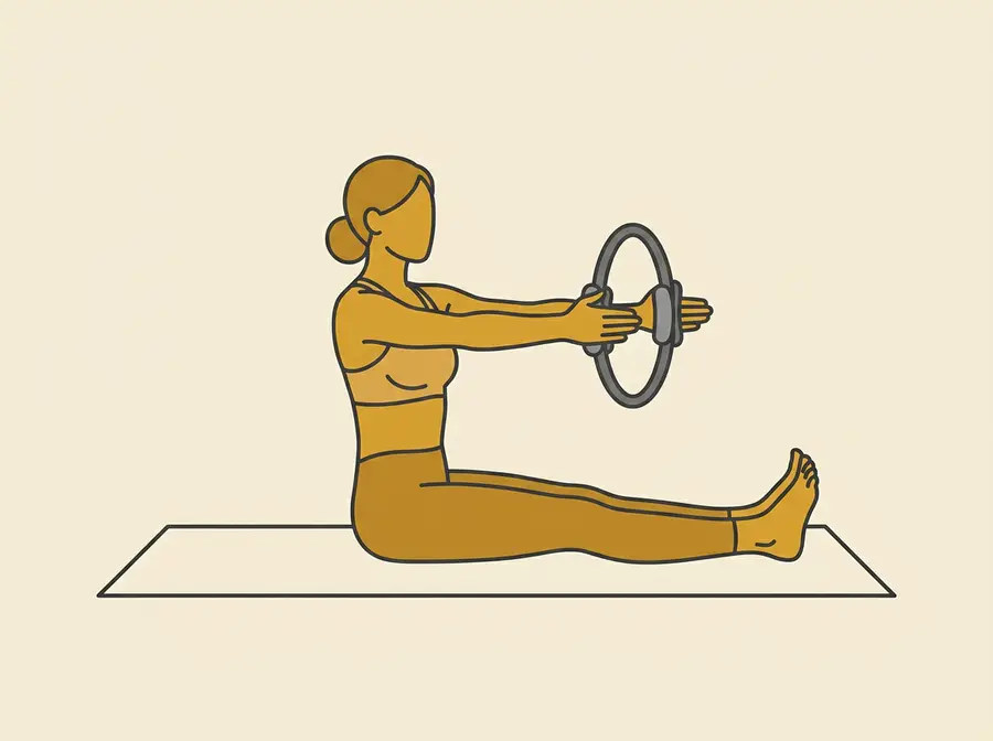 Langsitz mit gestreckten Beinen, Pilates-Ring mit gestreckten Armen auf Schulterhöhe vor dem Körper