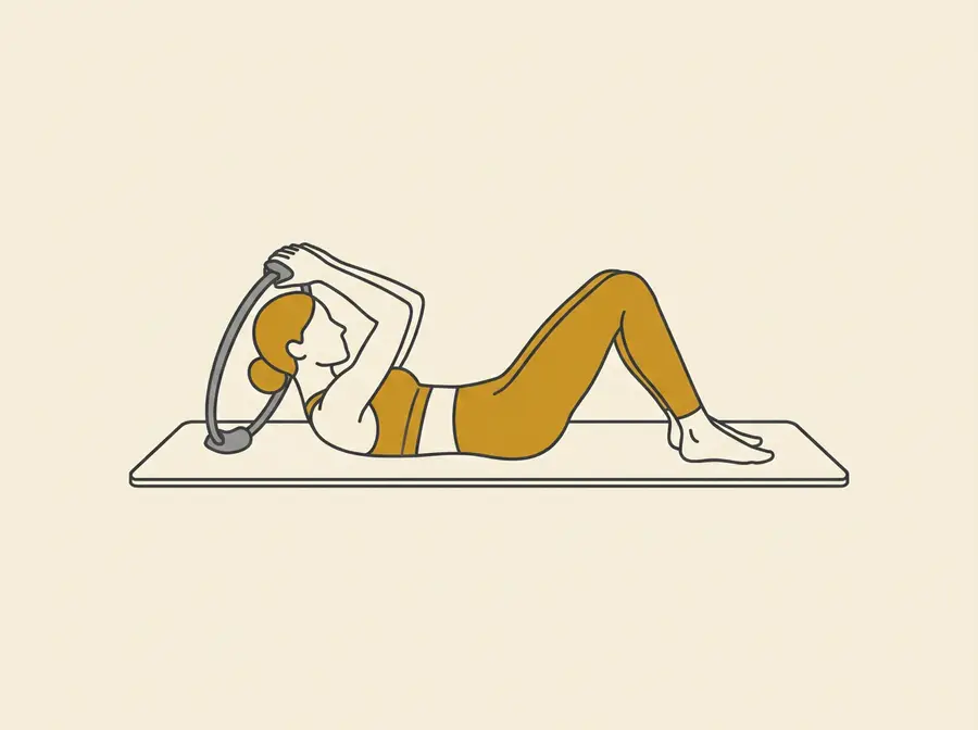 Rückenlage mit aufgestellten Beinen, Kopf ruht im Polster des Pilates-Rings, Hände auf dem oberen Polster, Kopf und Schultern leicht angehoben