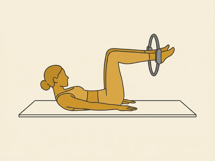 The Hundred: Beine im 90-Grad-Winkel angehoben, Pilates-Ring zwischen den Knöcheln, Arme gestreckt knapp über der Matte