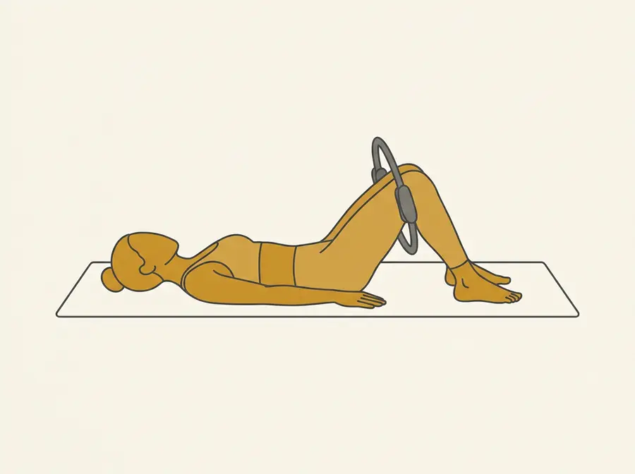 Rückenlage mit aufgestellten Füßen, Pilates-Ring zwischen den Oberschenkeln knapp über den Knien