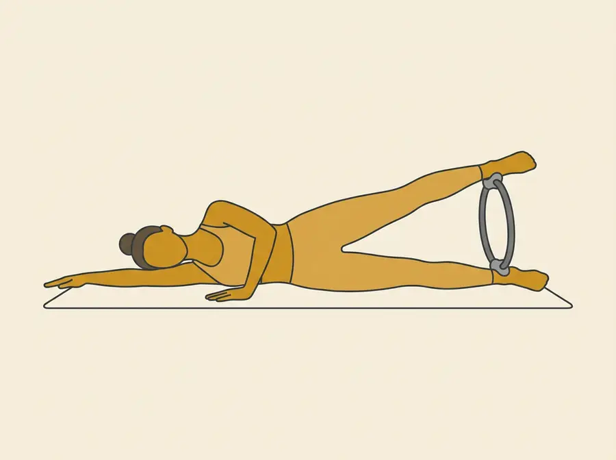 Seitlage, Kopf auf dem ausgestreckten Arm, Pilates-Ring zwischen den Knöcheln, oberes Bein drückt in den Ring