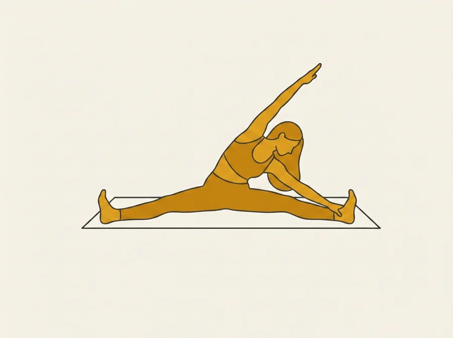 Pilates Saw: sitzend mit gespreizten Beinen, Oberkörper gedreht, Arm reicht zum gegenüberliegenden Fuß