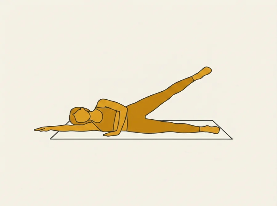 Side-Lying Leg Series: Frau in Seitlage hebt das obere Bein gestreckt an