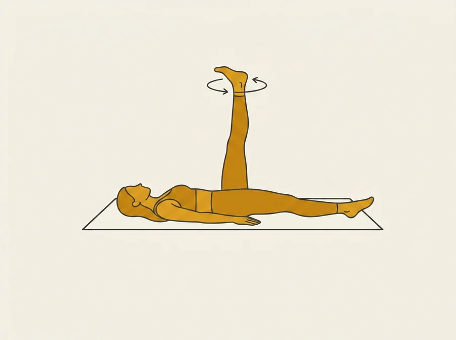 Single Leg Circles: ein Bein kreist gestreckt in der Luft, das andere liegt flach auf der Matte
