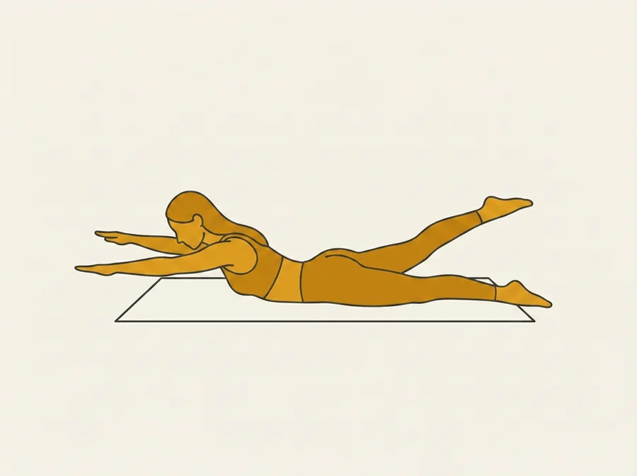Pilates Swimming: Bauchlage, diagonal gegenüberliegender Arm und Bein gleichzeitig angehoben